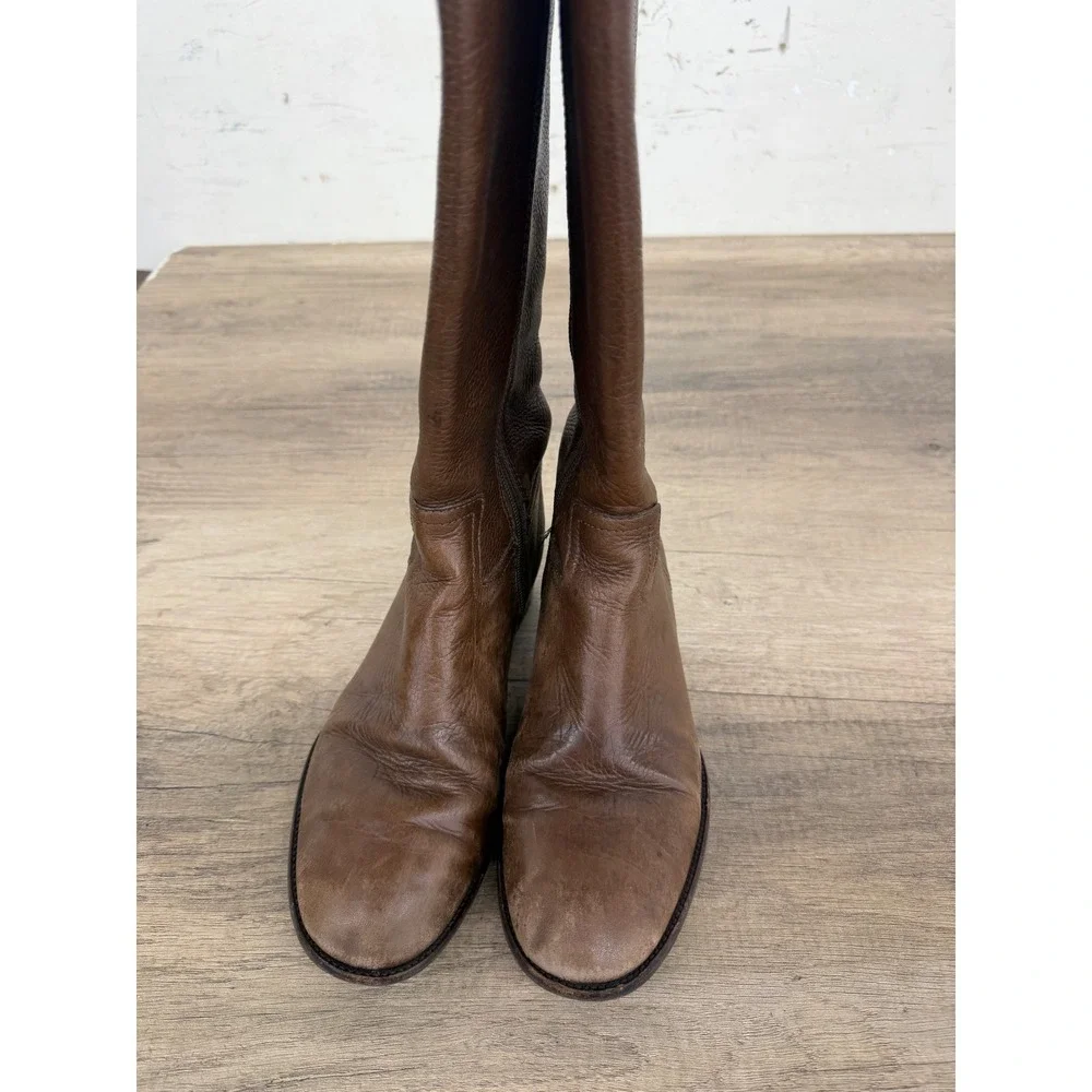 Tory Burch Brown Leather Riding Boots Gold Logo Knee High 8M F 12 55 31128374